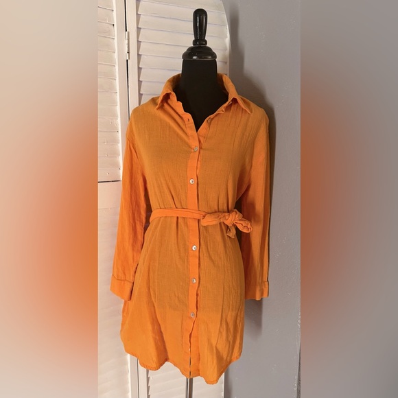 BECCA Dresses & Skirts - BECCA Bright Orange Button-Front Shirt Gauze Dress